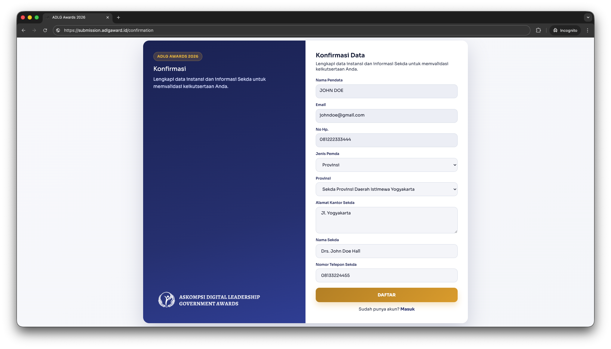 Konfirmasi data instansi dan Sekda